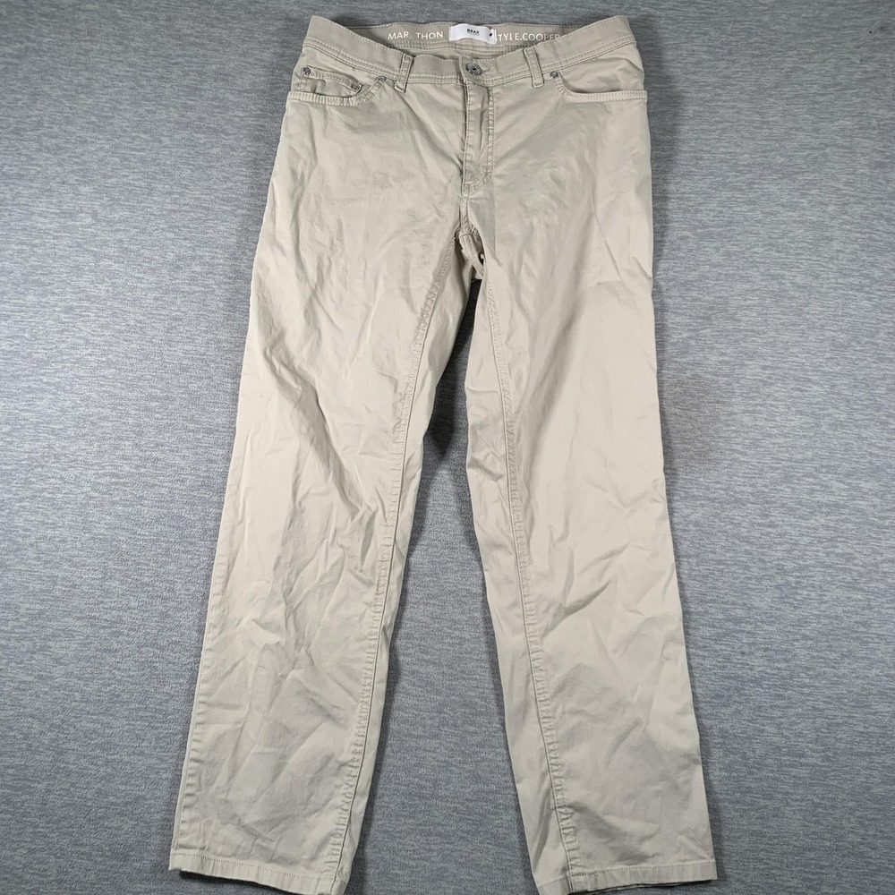 BRAX Marathon Pants Mens 34x34 Beige Regular Fit Stretch 5 Pocket Chino Casual